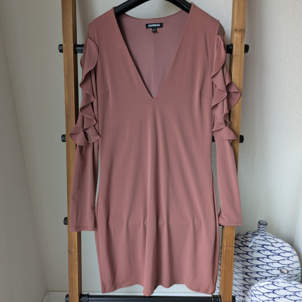 Express Women's Pink Ruffle Sleeve V-neck Mini Dress - Size Petite Small